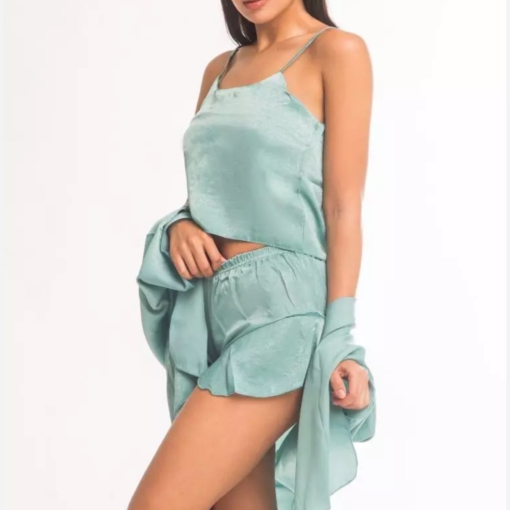 La Vie en Rose Satin Cami and Shorts PJ Set in Aquamarine